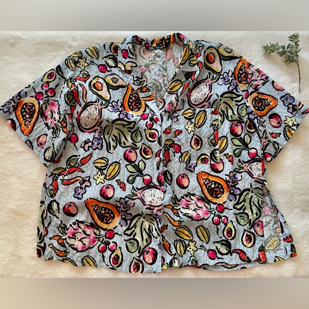 Zara - Fruit Print Oversized Button Down - Size S… - image 2